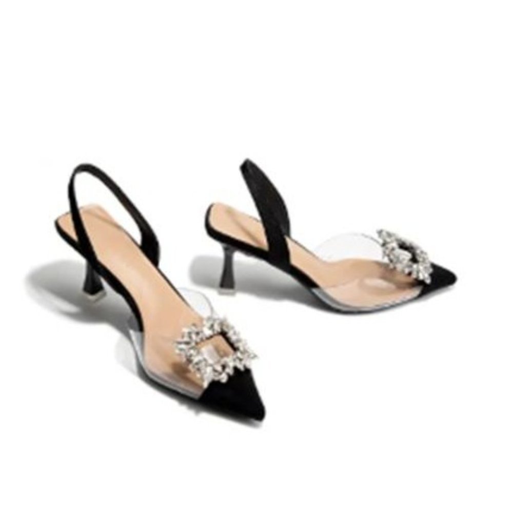 Black Clear Rhinestone Slingback Sandal Pumps - Picture 4 of 13